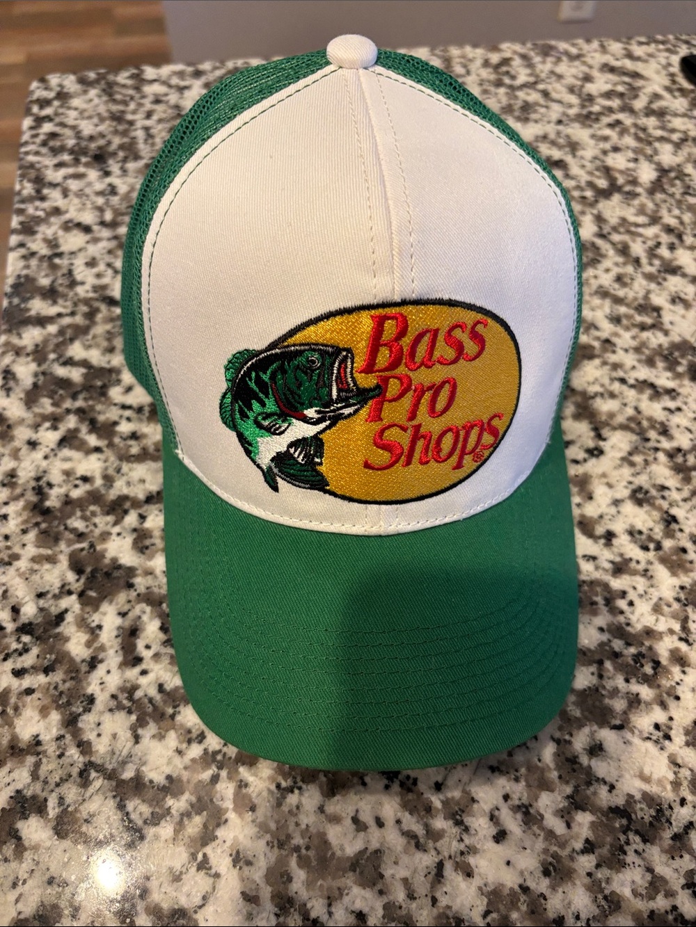 Bass Pro Shops White and Green Trucker Hat with Embroidered Logo